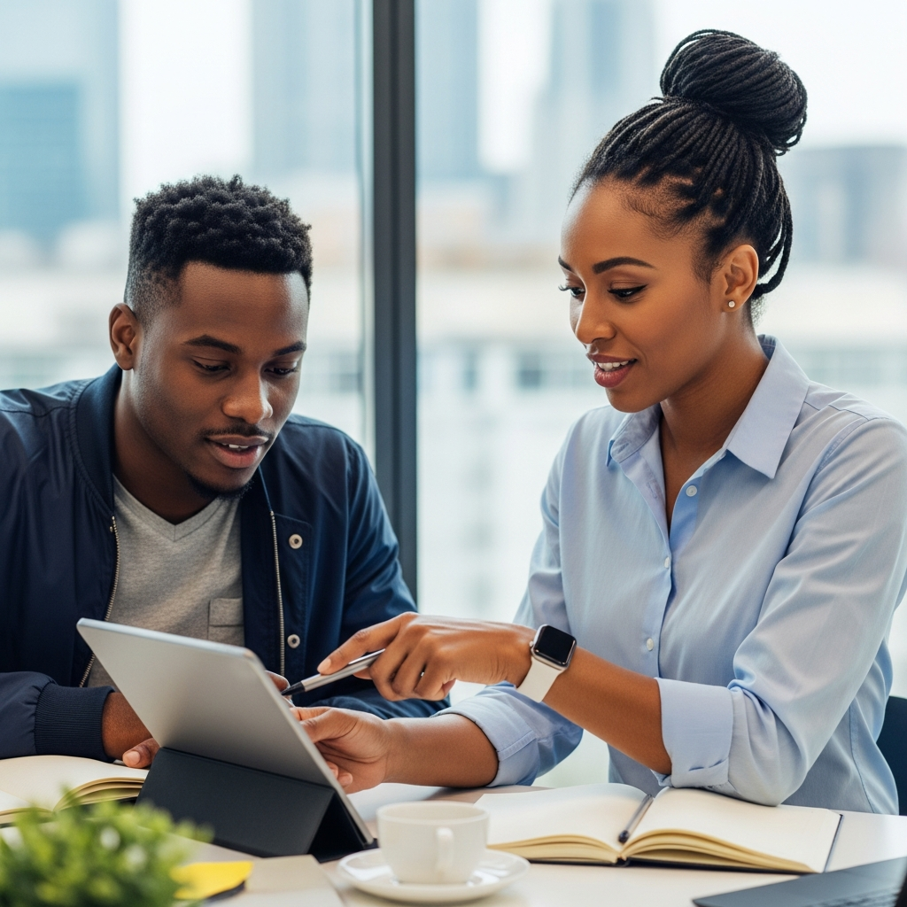 Two professionals reviewing a tablet together in a modern office